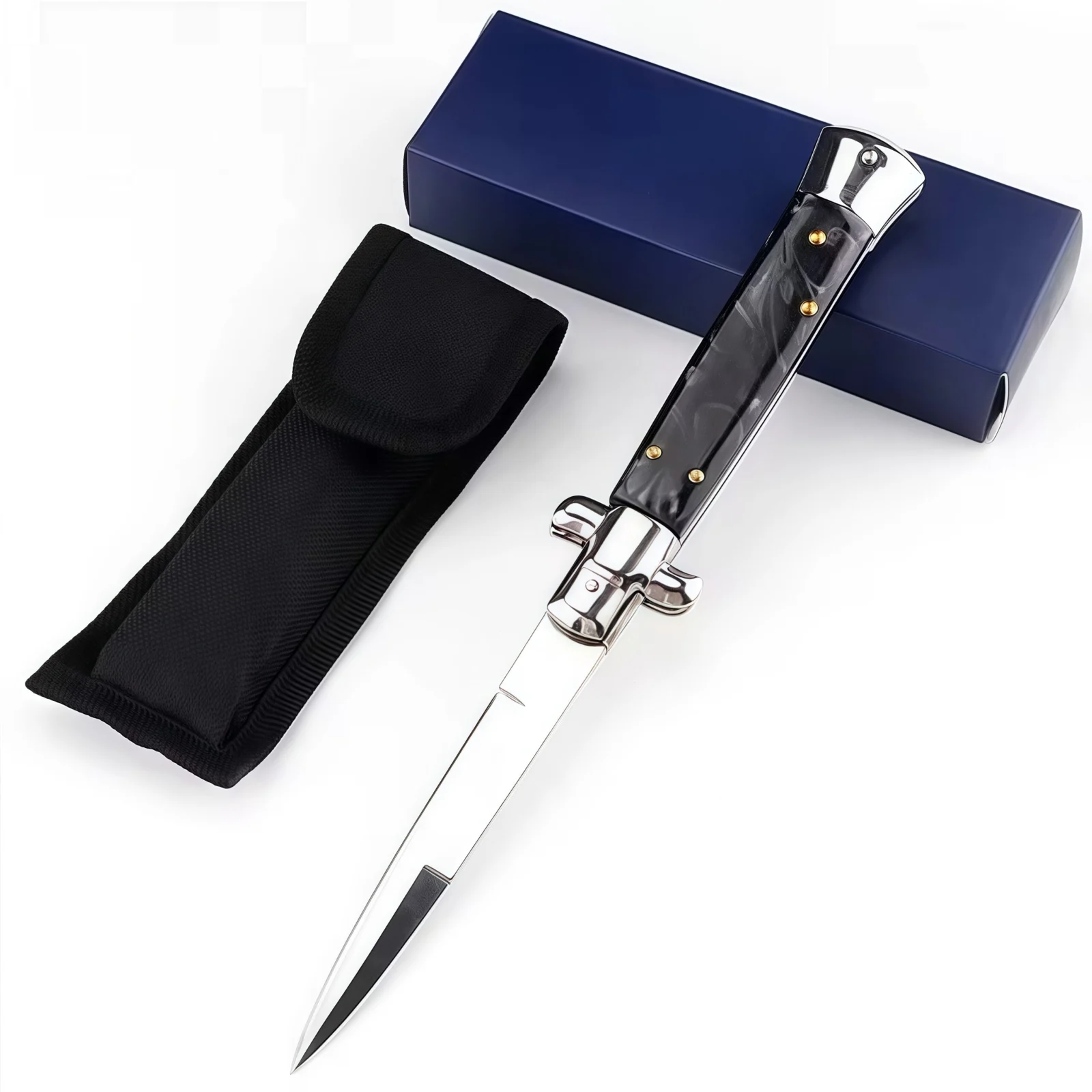 Italian Stiletto Switchblade Black Pearl Resin Button 1.1