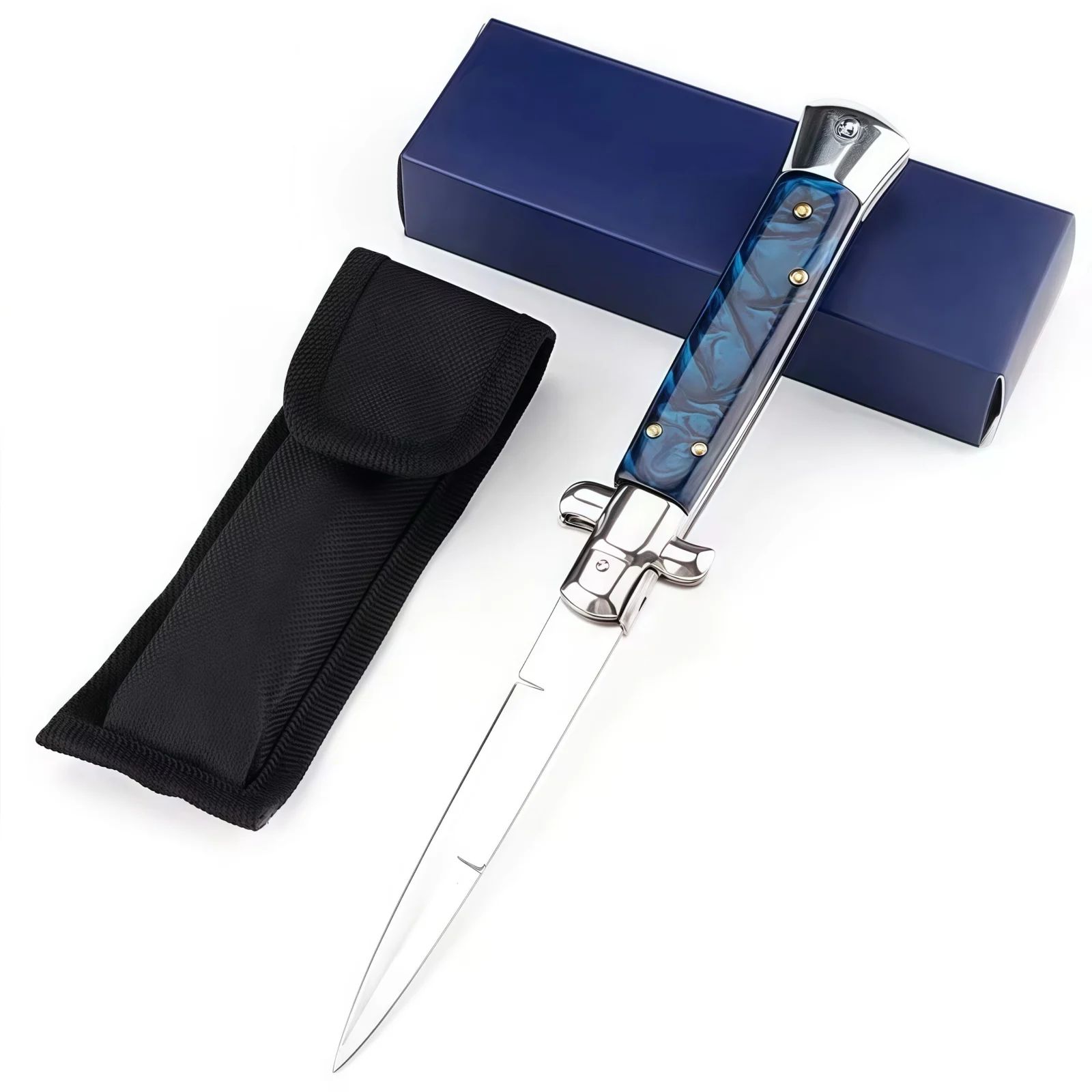 Italian Stiletto Switchblade Blue Pearl Resin Button 1.1