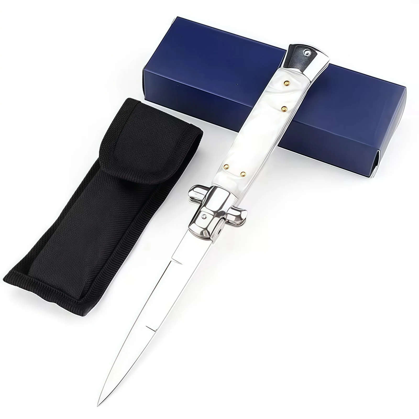 Italian Stiletto Switchblade White Pearl Resin Button 1.1